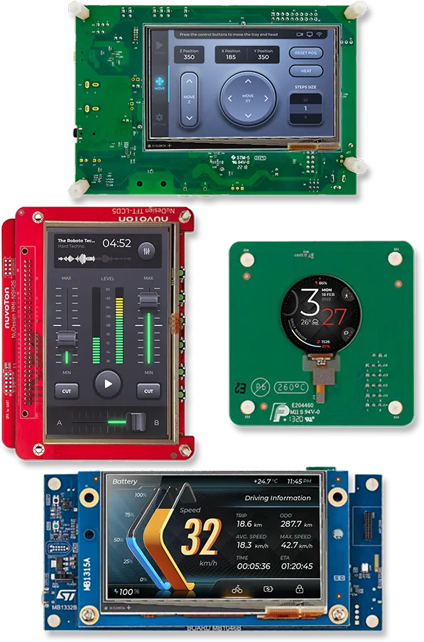 NXP, Nuvoton, STM32 development boards showing GUIs created with LVGL.