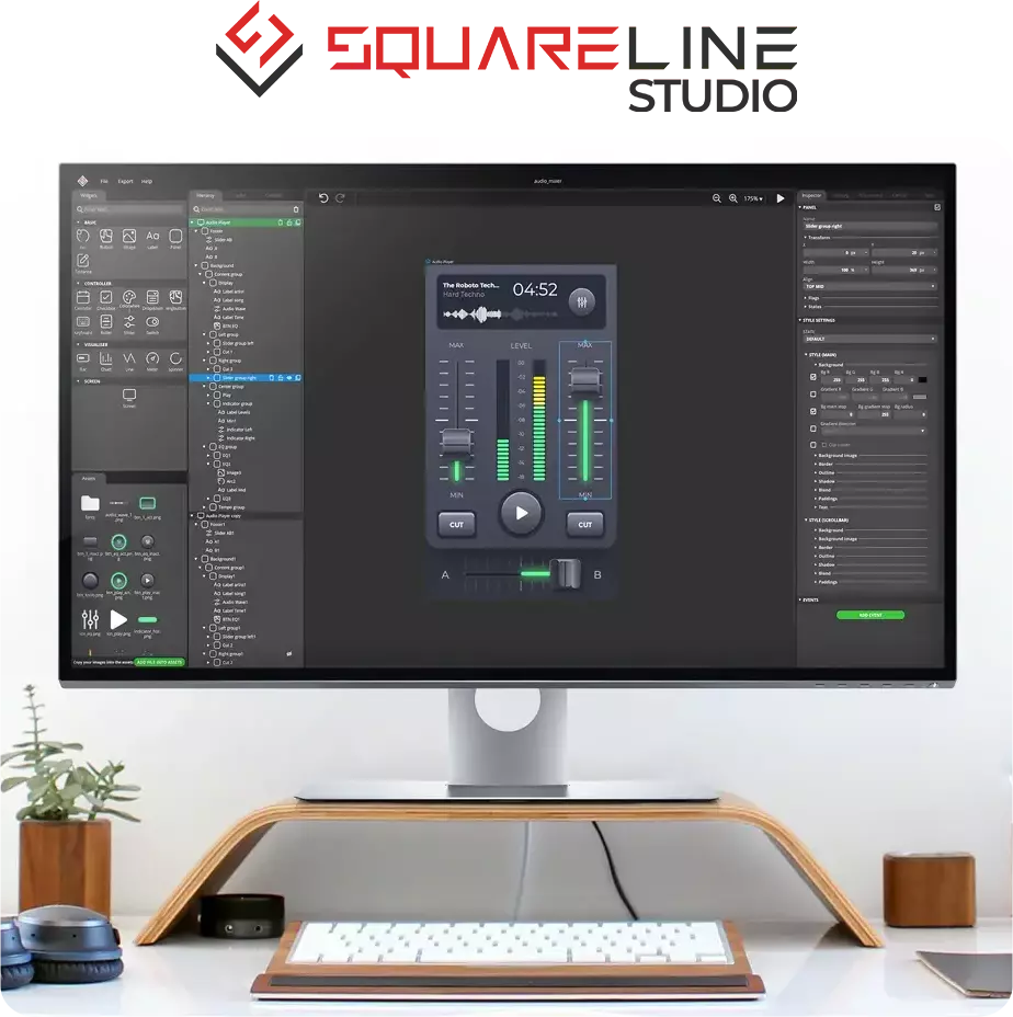 A monitor showing SquareLine Studio with an Audio mixer user interface