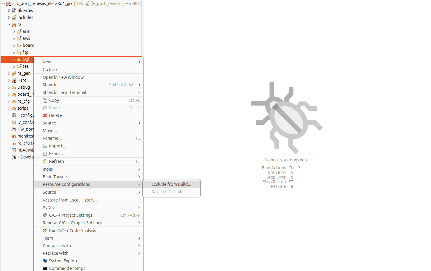 Exclude from Build dialog in e² studio
