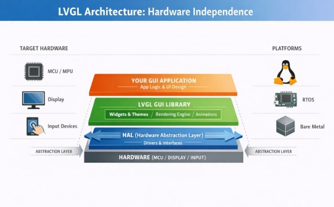 LVGL architecture diagram showing the Hardware Abstraction Layer sitting between the LVGL GUI library and target hardware, enabling portability across MCUs, RTOS, Linux, and bare metal platforms