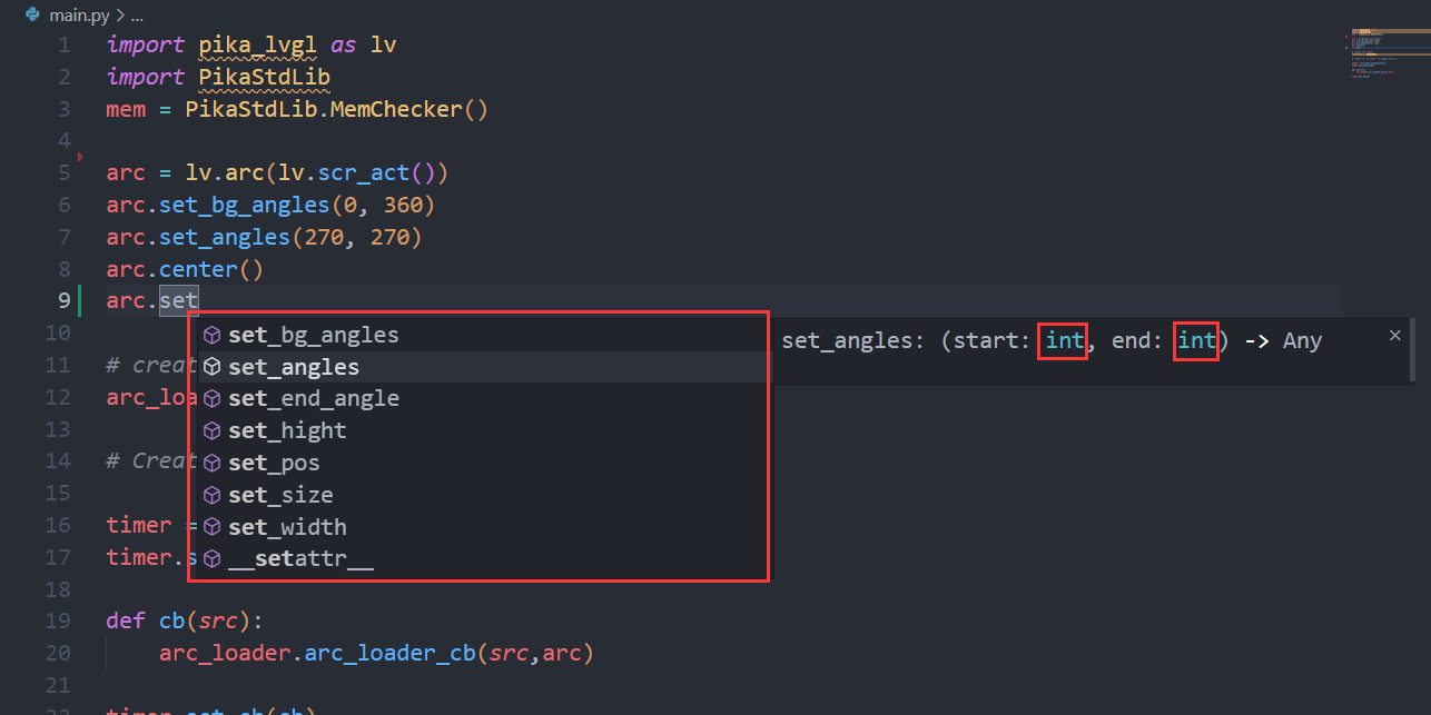 Code editor showing intelligent parameter hints