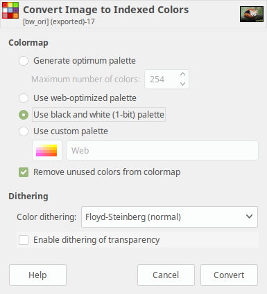 GIMP dialog showing black and white dithering settings