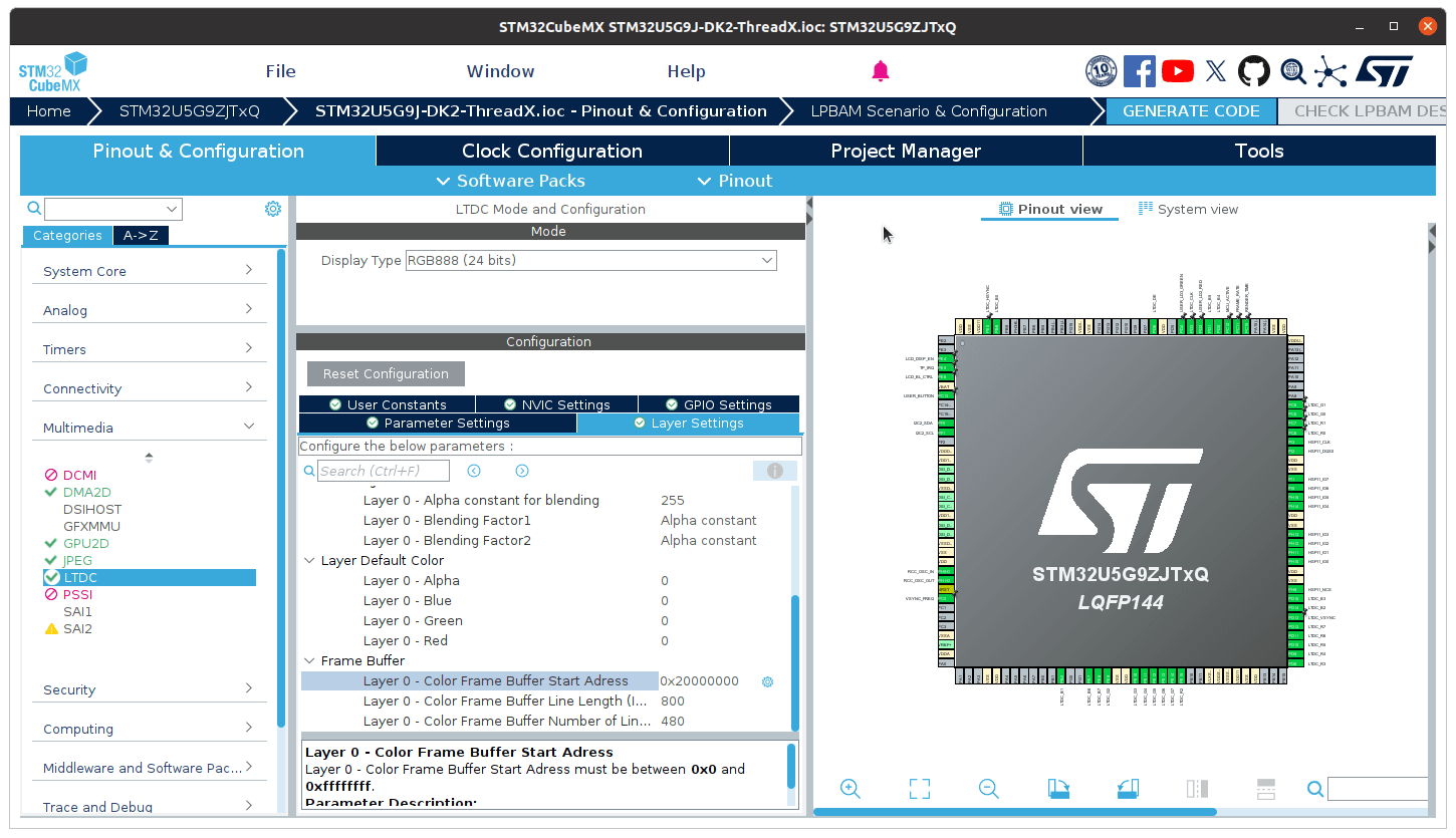 The LTDC framebuffer start address in STM32CubeMX