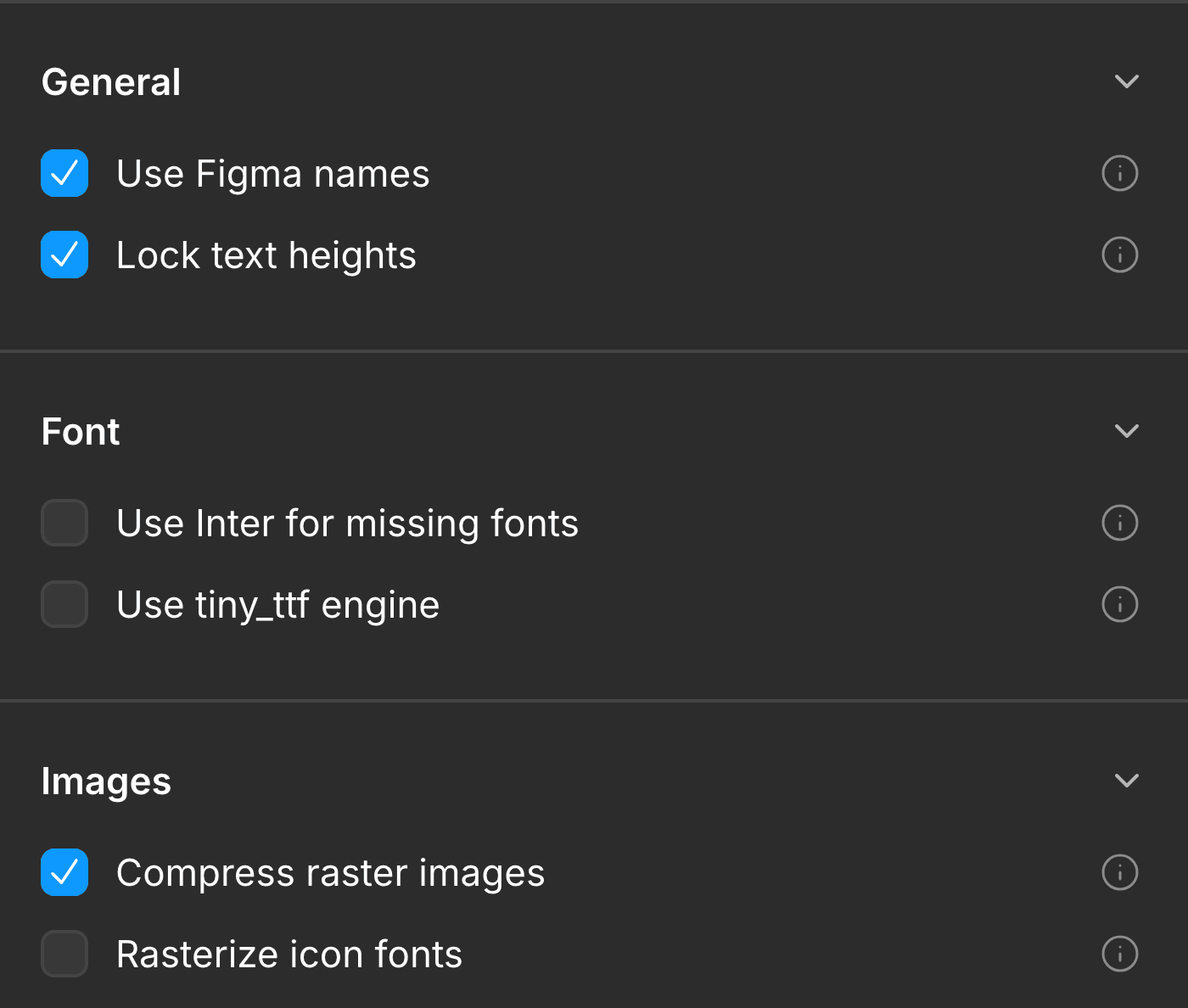 The General, Font, and Images build-setting toggles