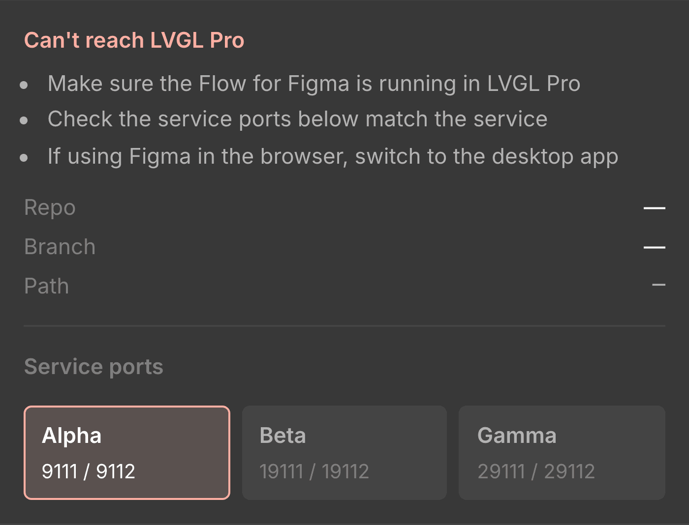 The plugin's Connection panel showing it can't reach the service