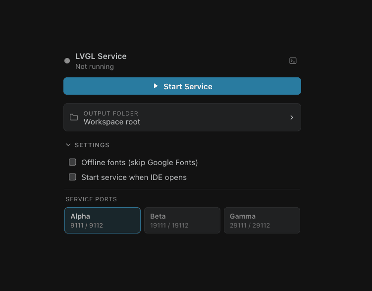 The LVGL Figma Flow control panel with a Start Service button