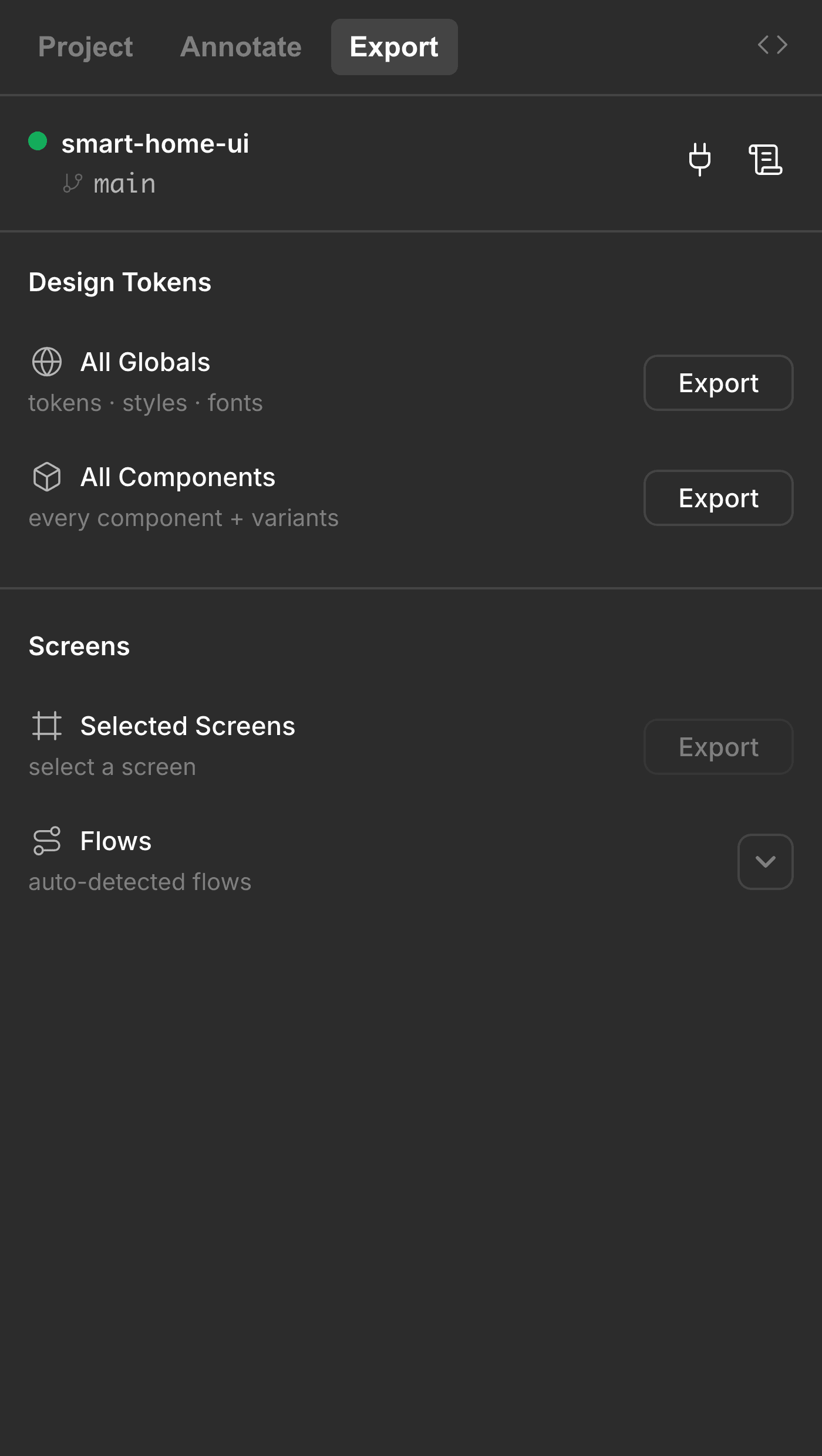 Export mode showing the Design Tokens and Screens sections