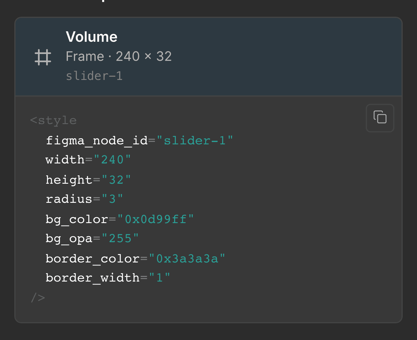 Inspect mode showing a layer's LVGL style snippet