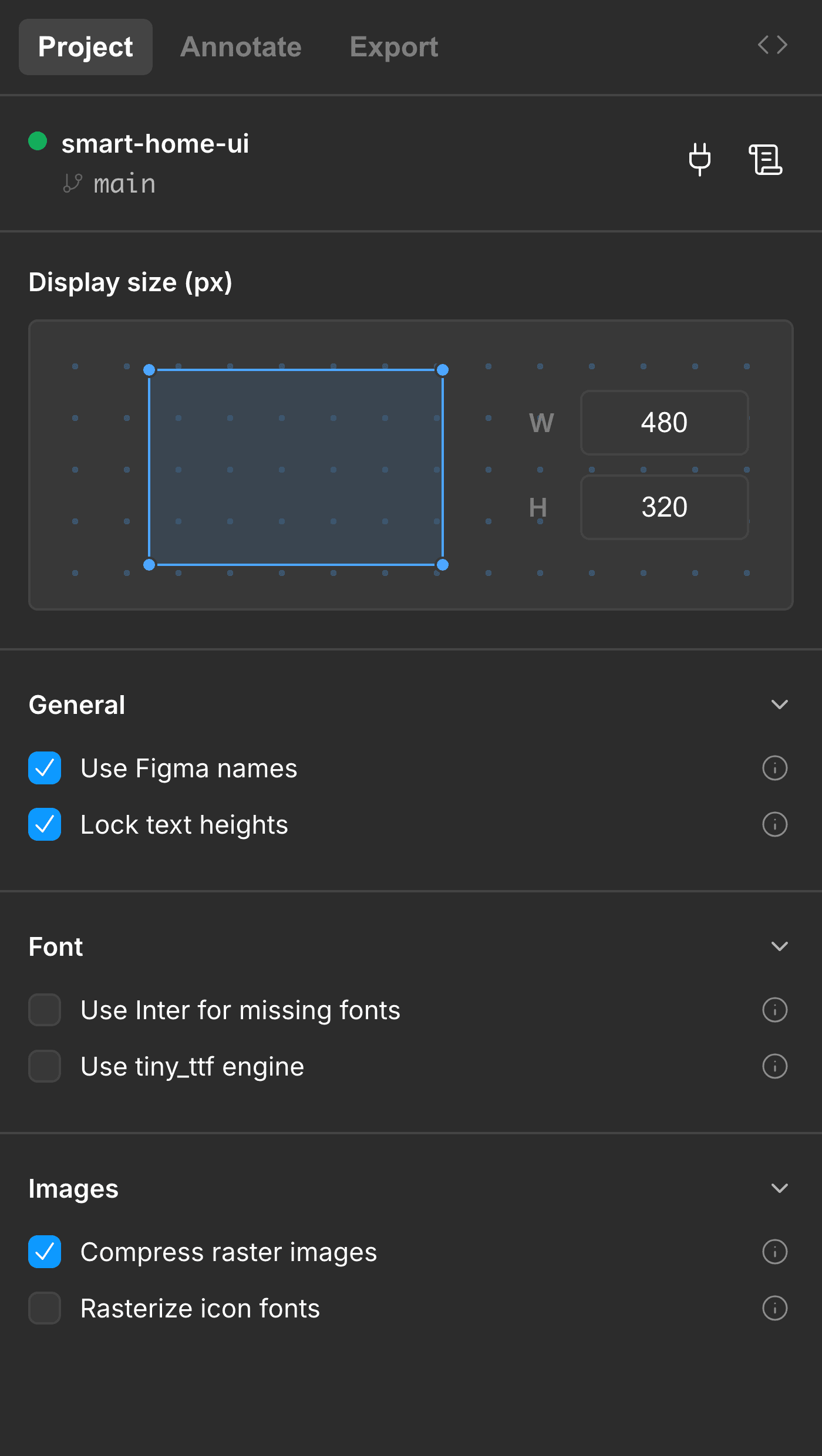 The Project tab in LVGL Flow, showing the display-size canvas