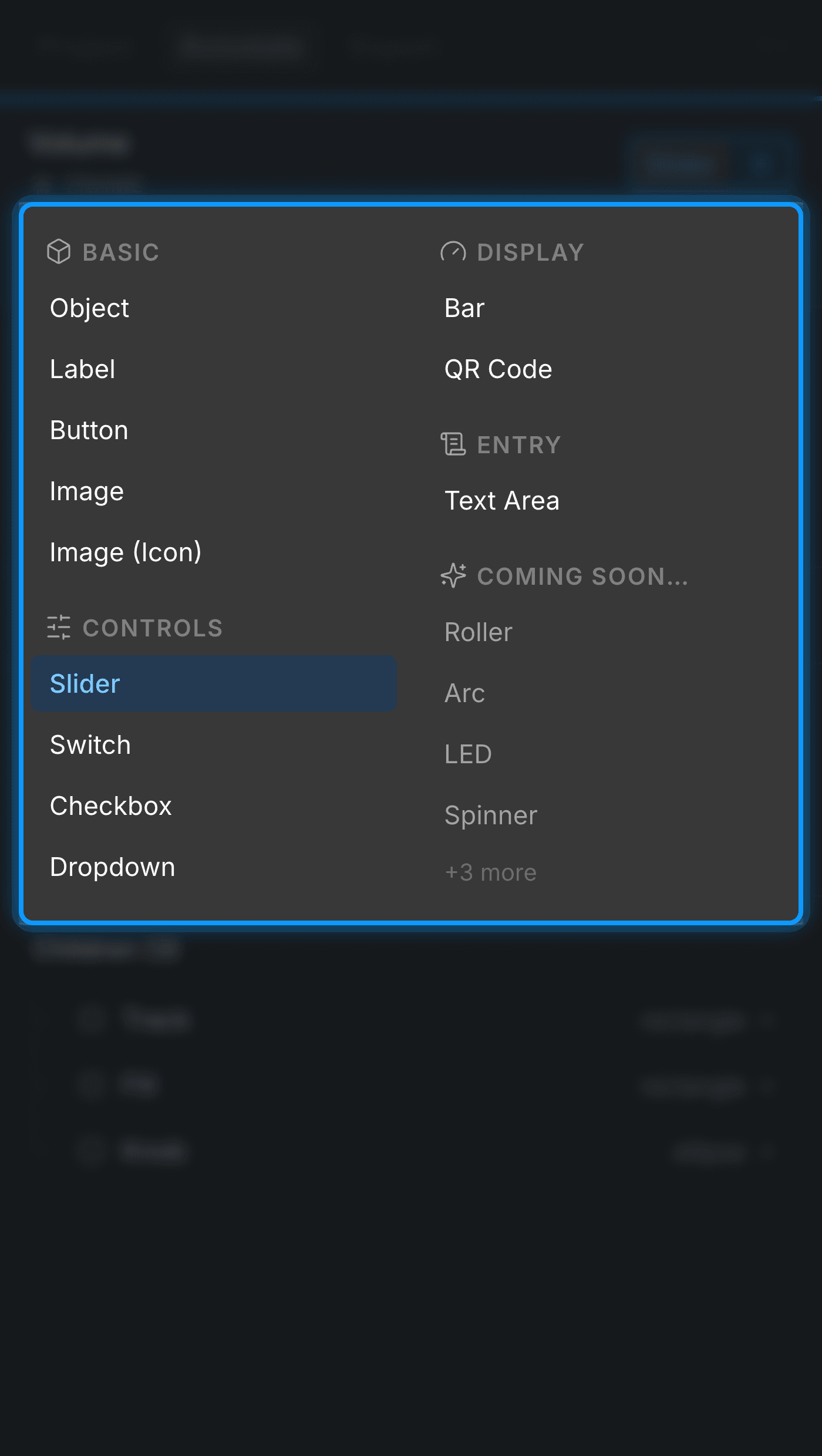 The widget picker showing grouped widget types