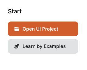 The Start panel on the Editor's launch screen with Open UI Project and Learn by Examples buttons