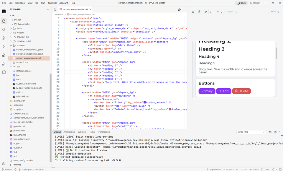 XML mode: XML source on the left, live preview on the right