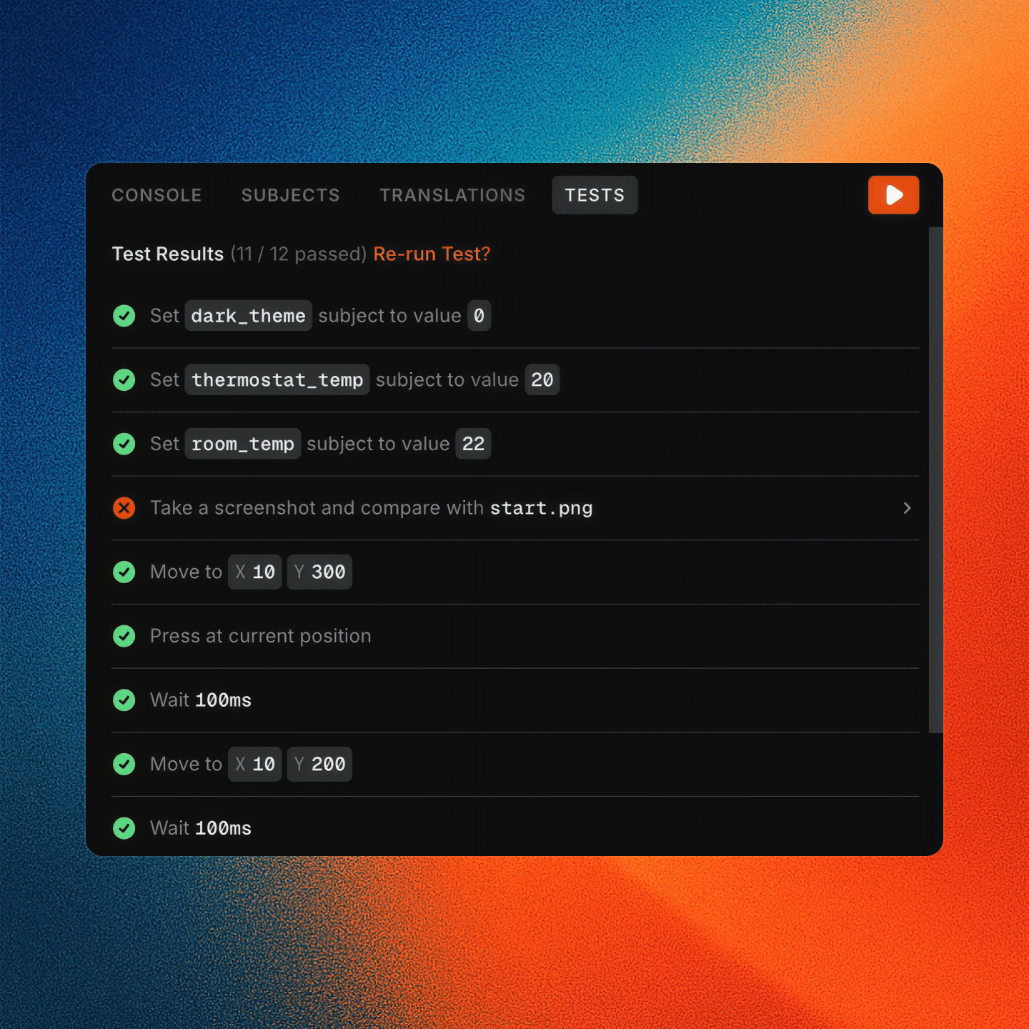 Screenshot of the LVGL Pro UI test editor with a test case open.