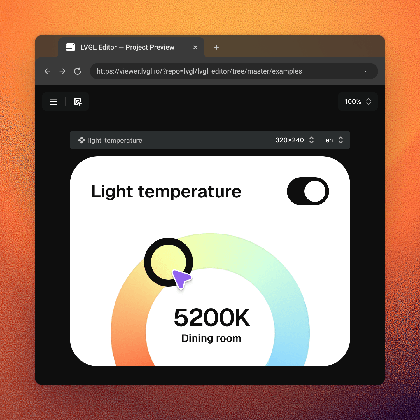 Screenshot of the LVGL Pro online preview with a UI design open.